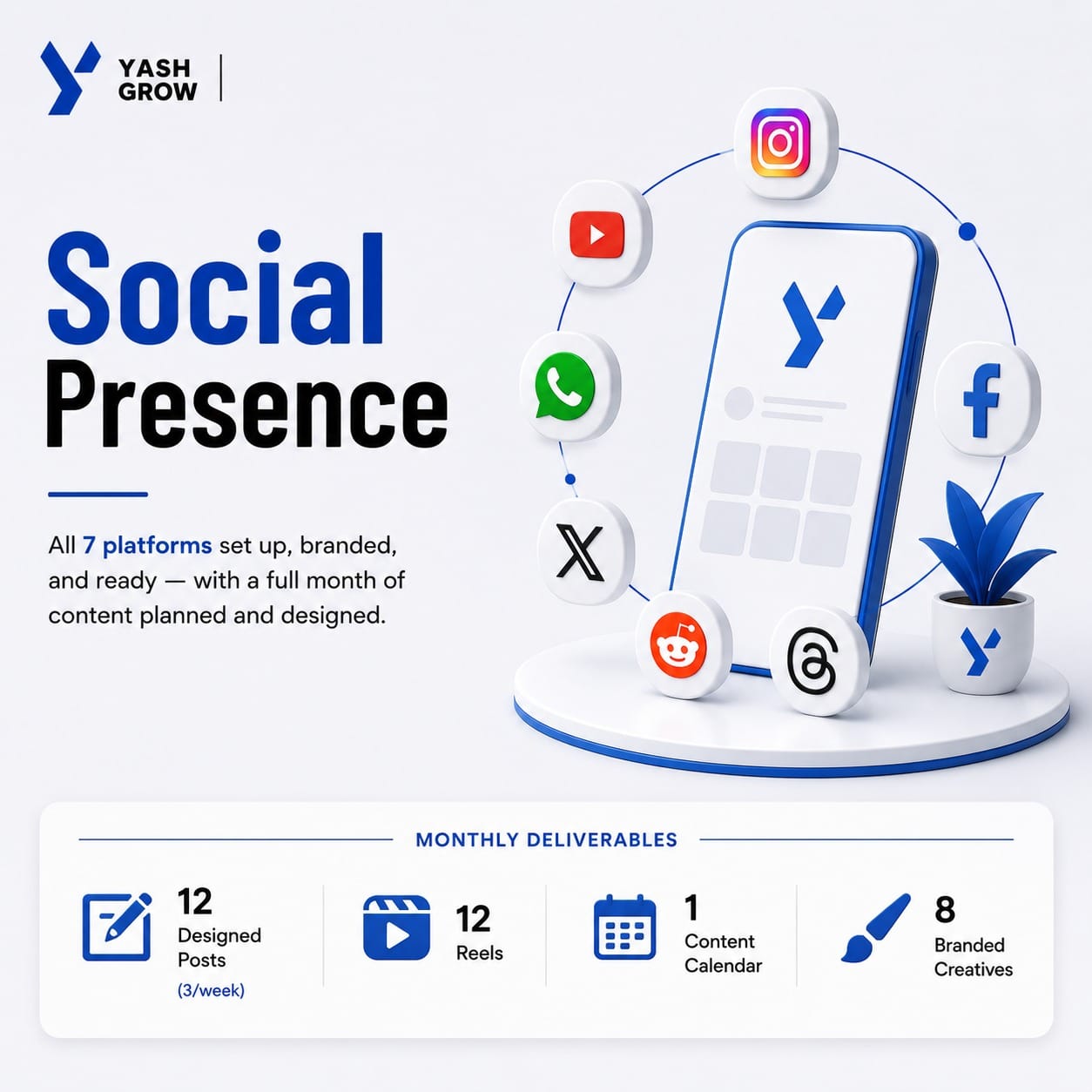 Social media presence setup in India by YashGrow — all 7 platforms branded and ready